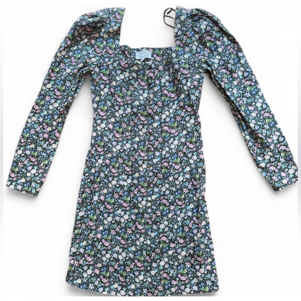 & Other Stories Blue and Black Puff Sleeve Sheath Dress